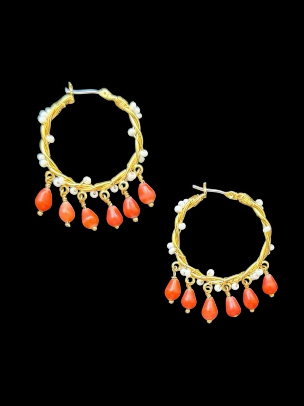NEW Handcrafted Gold Wire Wrapped Pearl and Red Coral Teardrop Hoop Earrings